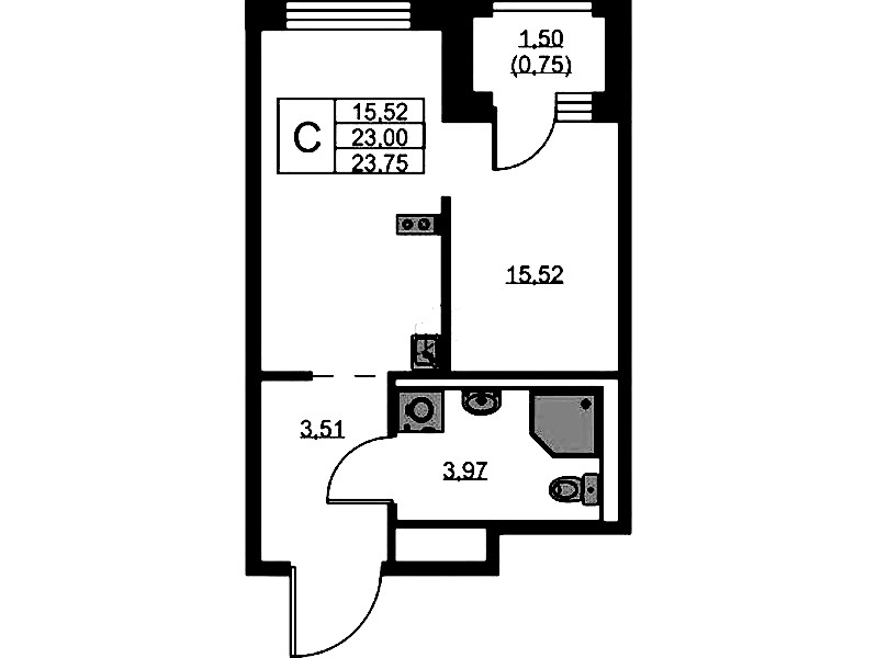 Квартира студия 23.75 м², 7/9 эт., ЖК «GloraX Новоселье»